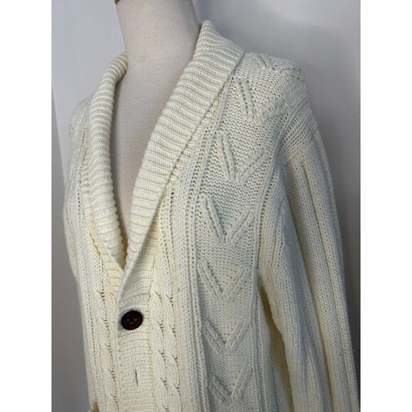 Vintage Sears Button Sweater Cable Knit Cardigan Cream Pockets Cobain M Grunge - Picture 4 of 5